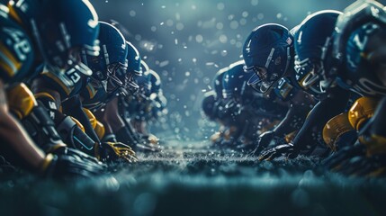 A team of American football players huddled together on the field, ready for the next play, with a blurred background of falling snow
