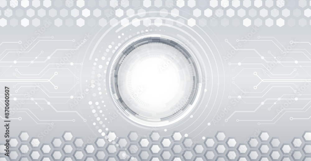Poster Data transfer and protection, internet connection on grey hexagonal background. High-tech computer design. Modern data protection presentation. Abstract futuristic circuit board concept.