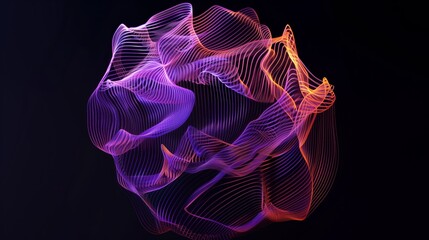 Fototapeta premium A semi-transparent gradient sphere made of purple and orange wavy lines, on a black background.