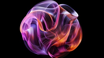 A semi-transparent gradient sphere made of purple and orange wavy lines, on a black background.