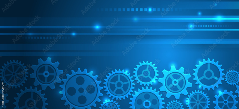 Poster Business and industry internet banner. The mechanism consisting of gears on a blue background for the presentation. Cogwheel for science experiment presentation. Futuristic high tech concept.