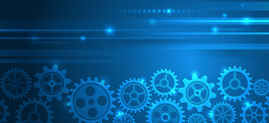 Business and industry internet banner. The mechanism consisting of gears on a blue background for the presentation. Cogwheel for science experiment presentation. Futuristic high tech concept.