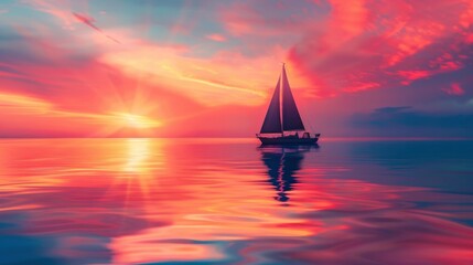A lone sailboat silhouetted against a vibrant sunset, casting a long shadow across the tranquil waters.