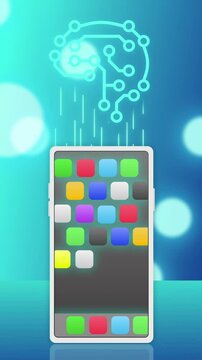 Un cerveau technologique repr&eacute;sentant l'Intelligence artificiel sur un fond bleu num&eacute;rique transfert des donn&eacute;es &agrave; un smartphone