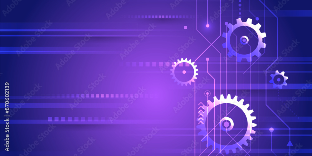 Aufkleber The mechanism consisting of gears on a purple background for the presentation. Cogwheel for science experiment presentation. Futuristic high tech concept. Business and industry internet banner.