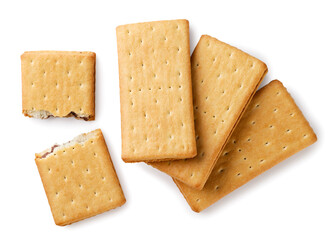 Crackers sandwiches and halves on white background. Top view