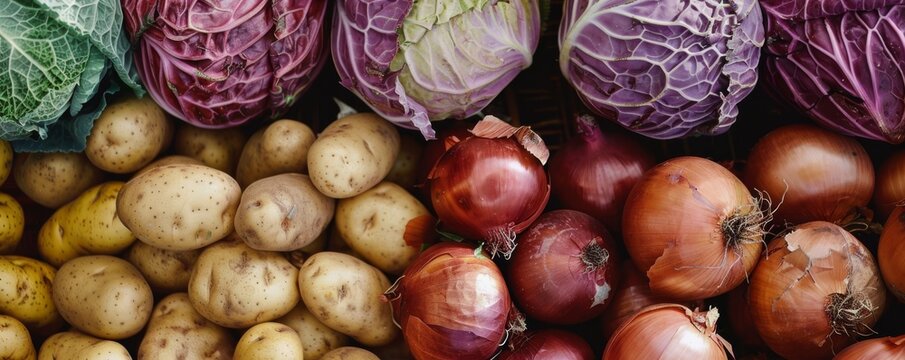 Assorted fresh vegetables including potatoes, red onions, and cabbages, top view. Healthy eating and organic farming concept