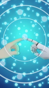 Une personne touche le doigt d'un robot d'intelligence artificiel sur un fond technologique bleu
