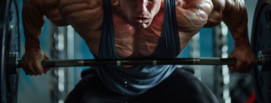 Muscular man is shown performing a heavy squat in a gym, demonstrating his strength and dedication. The intense focus on his face and the gym equipment.