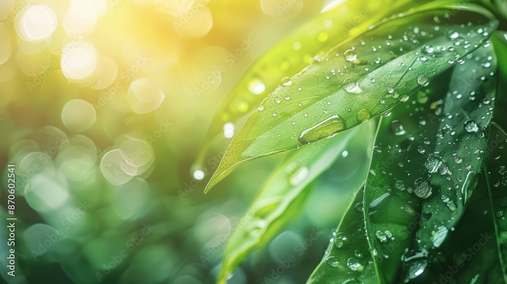 Wall mural Close-up of vibrant green leaves with dewdrops, highlighting the freshness and vitality of nature in the morning light.