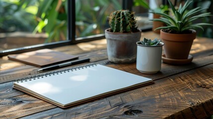 Blank spiral notebook on a wooden desk with potted plants in a sunlit room, perfect for creative inspiration.