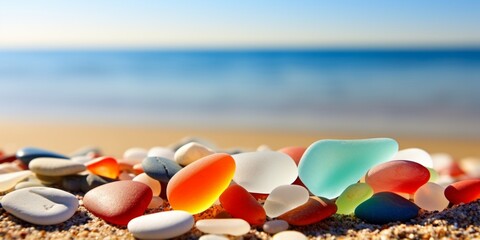 Colorful sea glass pebbles on sandy beach with calm ocean background, beach vacation relaxation concept