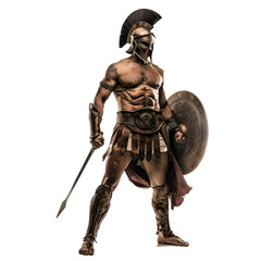 Obraz premium 3d illustration of a muscular spartan soldier with helmet, shield, and spear on a transparent background