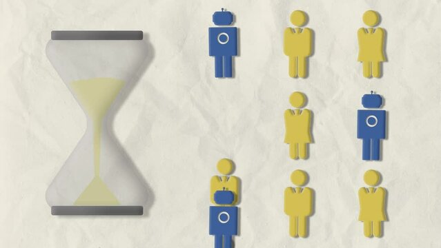 Des hommes et des femmes minimaliste sont remplac&eacute; par des Robots IA au fil du temps repr&eacute;sent&eacute; par un sablier