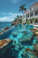 Obraz premium An exotic waterfront hotel with palm-lined pool, turquoise seas, and idyllic tropical landscape.
