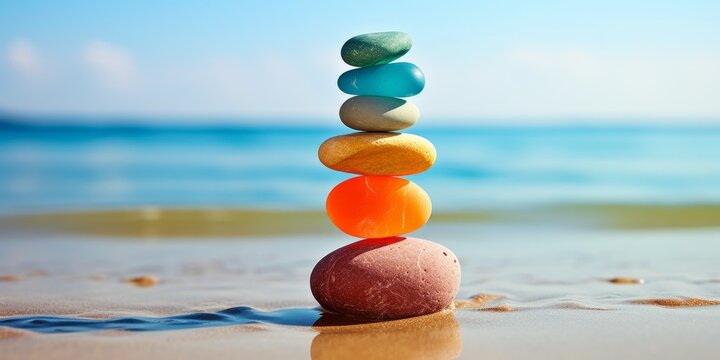 Colorful stacked pebbles on beach symbolizing balance, tranquility, harmony, ocean background, zen, meditation concept