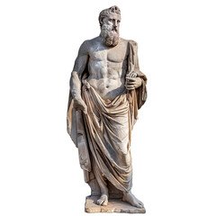 Classical sculpture of a bearded greek philosopher with a scroll, isolated on a transparent checkered background
