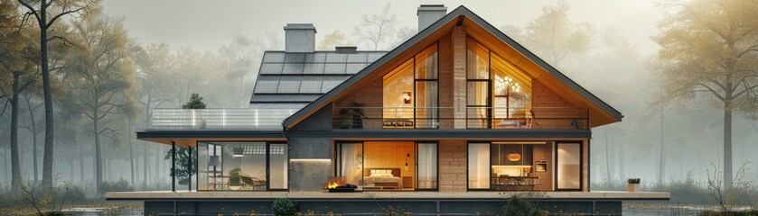 A beautifully designed modern house with solar panels, large windows, and warm lighting, situated in a tranquil forest environment during dusk.