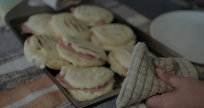 FOOD LOVER SERIES:
Traditional Venezuelan Latin American food, arepas served on the table, family meal, sharing love, protection, self-care.