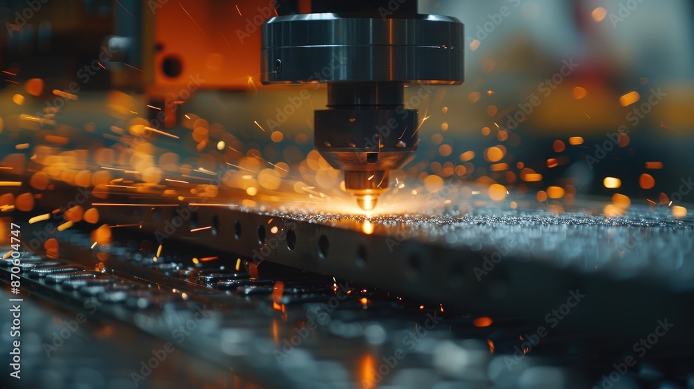 Aufkleber close-up of cnc laser cutting machine producing sparks while working on a metal piece