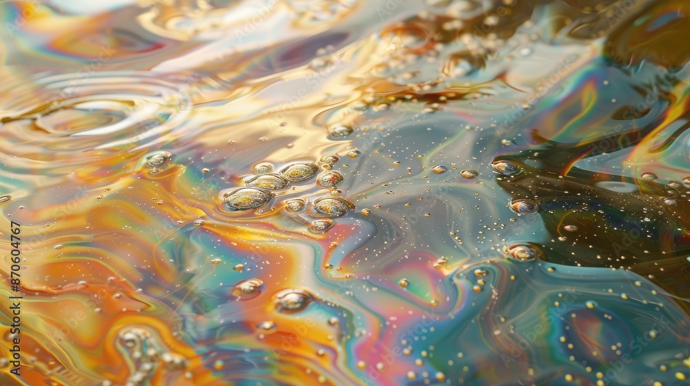 Poster abstract iridescent macro background of oil drops on water surface.