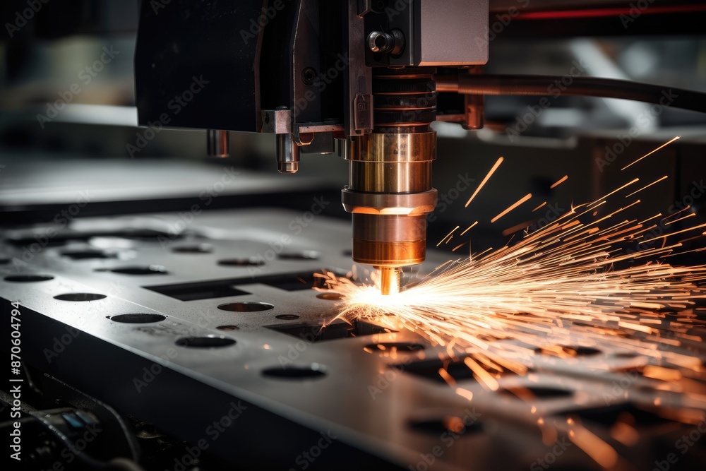 Aufkleber close-up of cnc laser cutting machine producing sparks while working on a metal piece