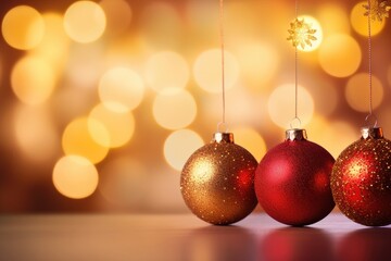 Festive Christmas ornaments with golden bokeh lights
