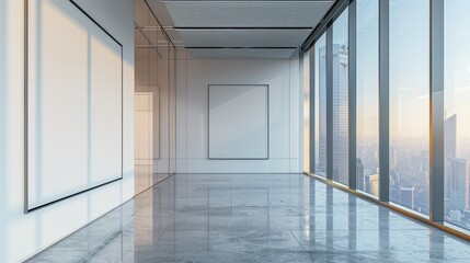 Obraz premium Empty modern office space with large windows and a city view during daylight.