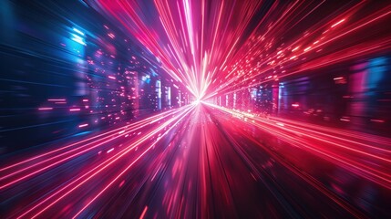 Obraz premium A dynamic scene with red and pink light trails creating a futuristic and high-speed effect in a dark, neon-lit environment.