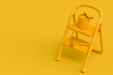 Set of metal cans or buckets with paint roller, brush and folding ladder