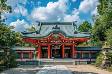 Naklejka premium Traditional Japanese temple with colorful roof design.