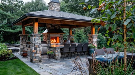 Obraz premium Stone gas fireplace in the garden in the outdoor kitchen