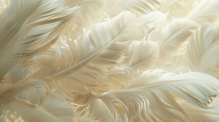 Close-up of soft white feathers illuminated by gentle light, highlighting their delicate texture and ethereal beauty.