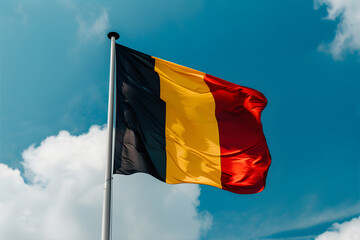 Belgian National Day. Background with A Belgian flag against blue sky. 