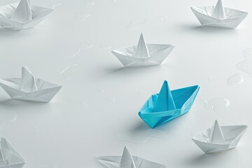 Blue Origami Boat Among White Boats