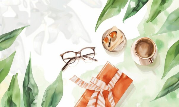 Happy Fathers Day greeting card template. Flat lay composition with gift box, coffee cup, tie, glasses on green background. Digital illustration, white background, watercolor style - Powered by Adobe
