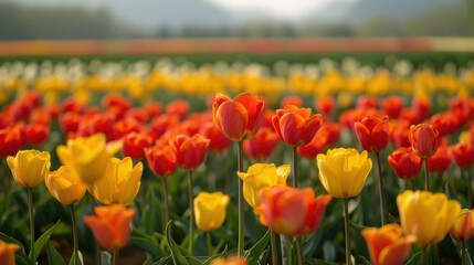 A blooming field filled with vibrant red and yellow tulips, showcasing the beauty of spring and creating a colorful and cheerful landscape.