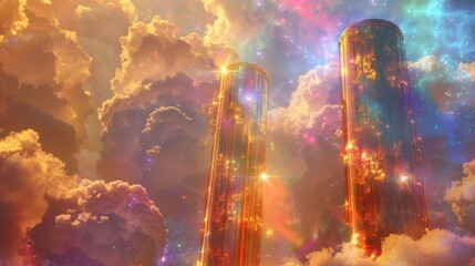 Obraz premium Tall, luminous towers emerging from glowing, ethereal clouds, creating a magical and otherworldly fantasy scene, full of vibrant colors and light.