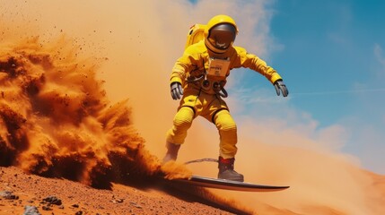 Astronaut surfing on Mars with dust clouds, adventure concept