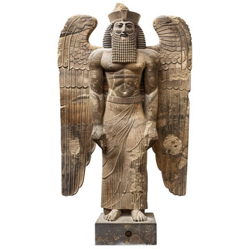 Detailed sculpture of a lamassu, a protective deity from assyrian mythology, with a transparent background