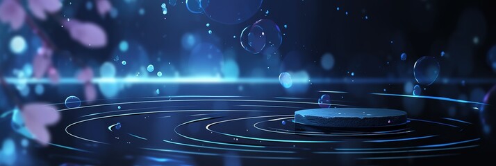 Underwater Serenity: Smooth Stone Podium in Dark Blue Reflective Tones with Subtle Pink Flowers