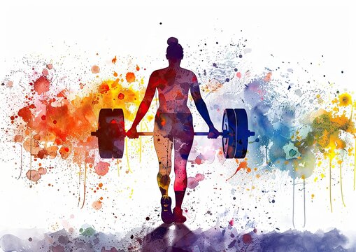 Silhouette of woman lifting heavy barbell is depicted in colorful watercolor style, the strength and determination of female weightlifter in vibrant and artistic manner.