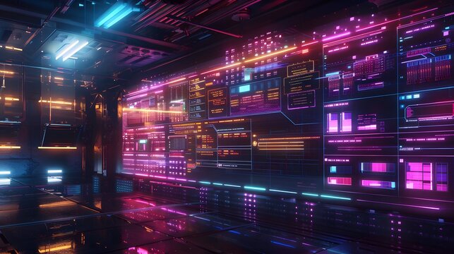 A futuristic digital calendar with holographic task scheduling features, showing interconnected tasks and deadlines in a vibrant, neon-lit room 