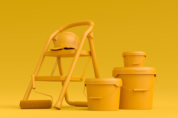 Set of folding ladder, bucket, helmet with paint rollers and brushes