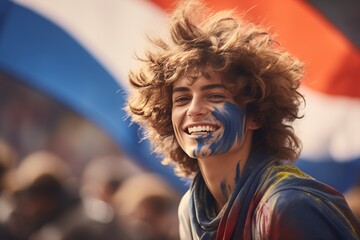 Excited french fan with flag face paint at football or rugby match, blurred stadium, copy space