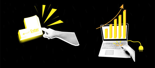 A business collage with a laptop and a growth chart. Business growth and success.