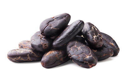 Pile of cocoa beans close-up on a white background. Isolated