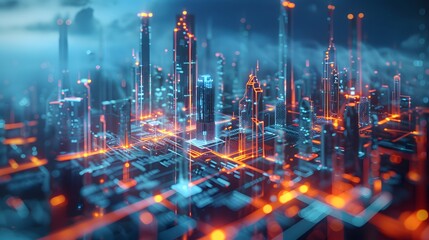 A futuristic city where each building represents a component of the work division structure. They are linked by illuminated walkways that symbolize the project's tasks and sub-tasks.