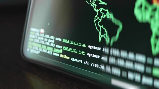 List of IP addresses as sources of cyber attacks and targets on smartphone screen