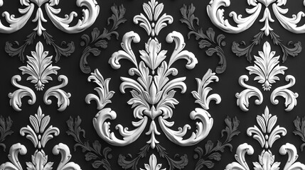 A modern damask pattern in black and white, perfectly seamless, with a matte background texture and captured in ultra-high definition.